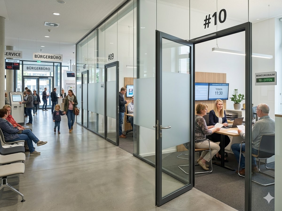 KI-generierte Ansicht eines modernen B&uuml;rgerb&uuml;ros mit separaten R&auml;umen und einem Wartebereich davor